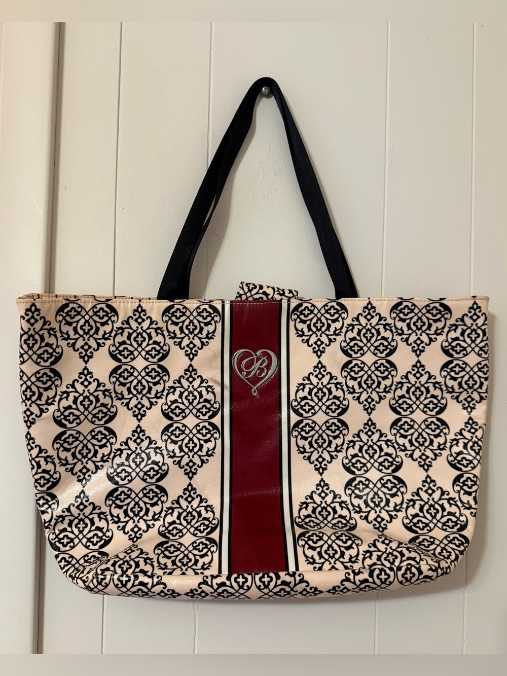Brighton Cream and Black Damask Tote with Burgundy Stripe
